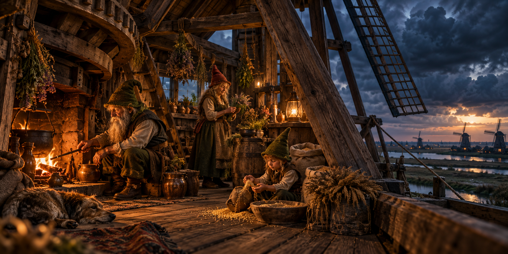 Família de gnomos guardando um antigo moinho durante a chegada de uma tempestade